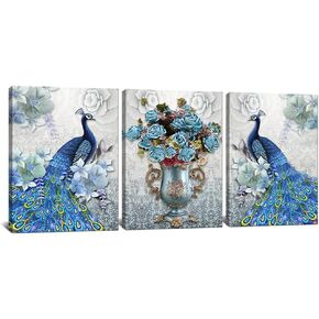 DekHome Blue Peacock Elegant Flower Bouquet Vase Giclee Picture Painting Prints 3 Piece Animal Peacock Wall Art Stretched and Framed Vintage Home Office decor 12"x16"x3pcs
