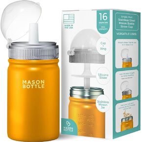 Mason Bottle Stainless Steel Mason Bottle Straw Cup, Light-Weight, Single-Wall - includes 1 Stainless Steel Mason Jar, 1 Ring & Cap, 1 Straw Top (Yellow)