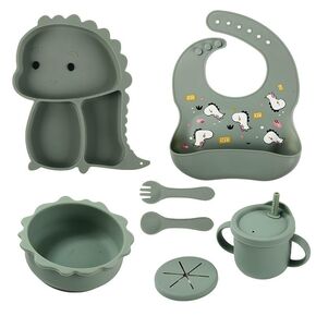 Silicone Baby Feeding Set, Baby Led Weaning Supplies, Eating Essentials Utensils with Suction Plate and Bowl, Pocket Bib, Sippy Cup with Lid, Forks Spoons Snack Container (Army Green) 6M+