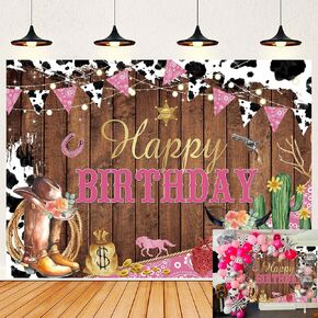 Western Cowgirl Happy Birthday Backdrop Cow Print Pink Wild Party Decorations Banner Rustic West Rodeo Boot Cowgirl Birthday Photography Background Party Supplies Banner 7X5FT(82x59inch) in Saudi Arabia