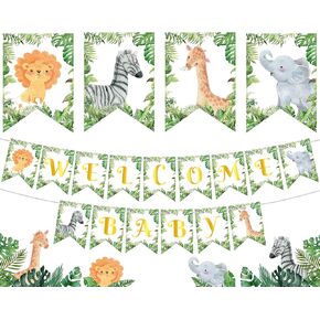 Safari Welcome Baby Banner, Jungle Animals Baby Shower Banner, Tropical Palm Leaves Lion Elephant Giraffe Party Decoration for Jungle Themed Baby Shower Gender Birthday Party Supplies