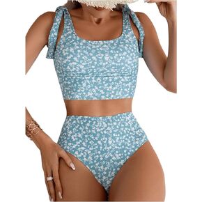 Floerns Women's Floral Print Square Neck Tie Shoulder Two Piece Tankini Swimsuits