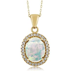 Gem Stone King 18K Yellow Gold Plated Silver White Simulated Opal Pendant Necklace for Women | 2.40 Cttw | Oval Cabochon 11X9MM | With 18 Inch Chain