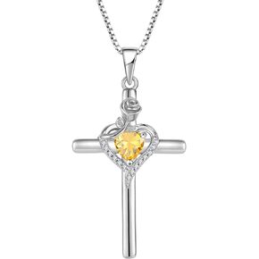 FJ Cross Necklace 925 Sterling Silver Rose Flower Necklace Birthstone Pendant Religious Jewelry Gifts for Women