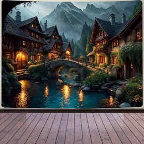 Aidatain Fairytale World Scenery Tapestry Town River Bridge Tapestry a Large 80" 60" Flannel Fabric Landscape Wall Art Hanging for Kids Boys Girls Room Bedroom Dorm Decor GTZYAT376