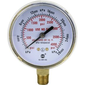 High and Low Pressure Gauge for Heavy-Duty Oxygen Regulators 0-4000 psi & 0-200 psi - 2.5 inches - Thread: 1/4" NPT