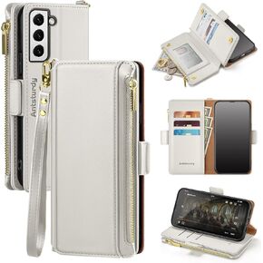 Antsturdy Samsung Galaxy S22+/S22 Plus 5G حافظة محفظة مع حامل بطاقات للنساء والرجال، Galaxy S22+/S22 Plus 5G حافظة هاتف RFID تحجب غطاء الوجه من جلد البولي يوريثان مع حزام بسحاب وفتحات لبطاقة الائتمان، أحمر خمري