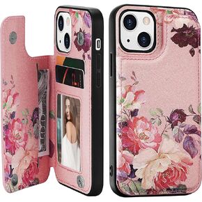 Premium Leather case Compatible with iPhone 13,Flowers Card Holder Wallet Case for Women and Girls,Durable Flip Case with Unique Copyright Floral Design-Green Flowers