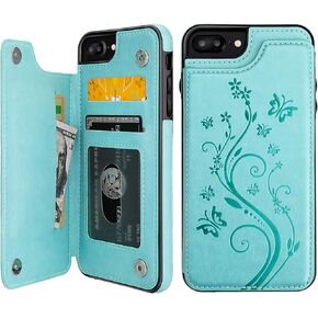 Vaburs iPhone 7 Plus iPhone 8 Plus Case Wallet with Card Holder, Embossed Butterfly Premium PU Leather Double Magnetic Buttons Flip Shockproof Protective Cover for iPhone 7/8 Plus Case(Blue)