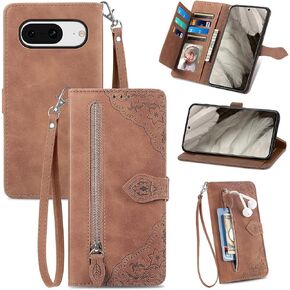 Google Pixel 7 Wallet Case Zipper Pocket with Card Holder Slot Magnetic Closure Lanyard Flip Cover for Pixel 7 - Blue