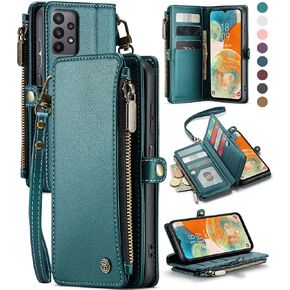 حافظة حماية لهاتف سامسونج جالاكسي A23 5G/4G، 【حجب RFID】 حافظة لهاتف سامسونج A23 5G للنساء والرجال، حافظة هاتف بحزام قلاب مغناطيسي بسحاب وحامل بطاقات لهاتف جالاكسي A23 5G، أزرق وأخضر in Kuwait