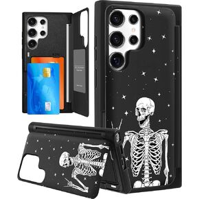 Shorogyt for Samsung Galaxy S24 Ultra Case Card Holder Wallet - Built in Dual Card Slots Cute Phone Covers for Women Funny Pattern for Girls Teen Black Butterfly Flip Kickstand for S24 Ultra 6.8 Inch