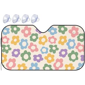 Vintage Groovy Flowers Car Windshield Sunshades Cute for Women Men Auto Sun Visor Blockers Universel Fit Sedan Van SUV Truck Accessories 51x27.5 in