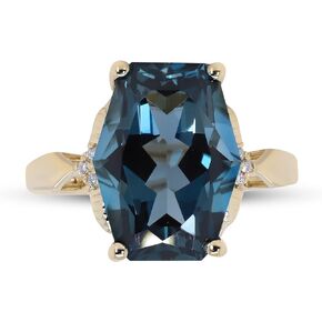 Gin & Grace 14 Yellow Gold Genuine London Blue Topaz Ring with Diamonds for women | Ethically, authentically & organically sourced (Cushion-cut) shaped London Blue Topaz hand-crafted jewelry for her | London Blue Topaz Ring for women