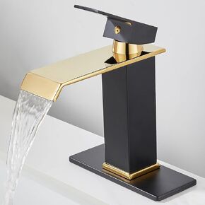 Black Bathroom Faucet for 1 or 3 Hole, Waterfall Single Handle Bathroom Sink Faucet, Modern Black and Gold Vanity Faucet, Matte Black Finish