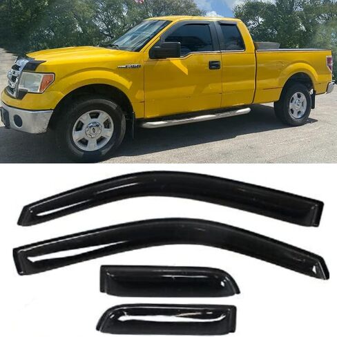 Tape On Side Window Visors Car Rain Guards Shade Window Vent Deflectors for Ford F-150 Super/Extended Cab 2004-2014, 94738 Outside Dark Smoke in Saudi Arabia