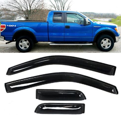 Tape On Side Window Visors Car Rain Guards Shade Window Vent Deflectors for Ford F-150 Super/Extended Cab 2004-2014, 94738 Outside Dark Smoke in Saudi Arabia