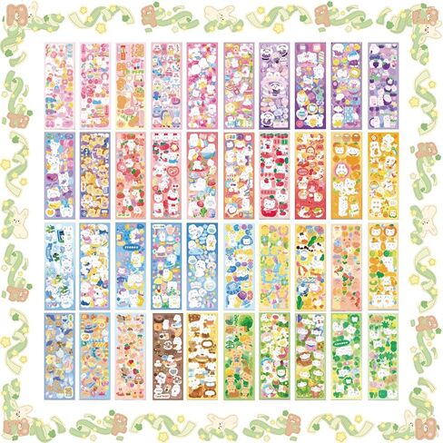50Sheets Korean Deco Stickers Set, Kpop Potocard Korean Stickers with Cute Rabbit Bear Cat Dessert Flower Ribbon Animal, DIY Colorful Glitter Self Adhesive Deco Stickers for Scrapbook Card (Bear) in Saudi Arabia
