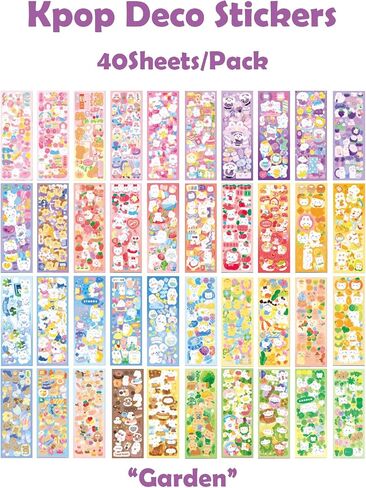 50Sheets Korean Deco Stickers Set, Kpop Potocard Korean Stickers with Cute Rabbit Bear Cat Dessert Flower Ribbon Animal, DIY Colorful Glitter Self Adhesive Deco Stickers for Scrapbook Card (Bear) in Saudi Arabia
