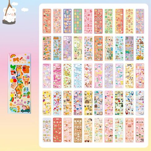 50Sheets Korean Deco Stickers Set, Kpop Potocard Korean Stickers with Cute Rabbit Bear Cat Dessert Flower Ribbon Animal, DIY Colorful Glitter Self Adhesive Deco Stickers for Scrapbook Card (Bear) in Saudi Arabia