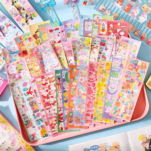 50Sheets Korean Deco Stickers Set, Kpop Potocard Korean Stickers with Cute Rabbit Bear Cat Dessert Flower Ribbon Animal, DIY Colorful Glitter Self Adhesive Deco Stickers for Scrapbook Card (Bear) in Saudi Arabia