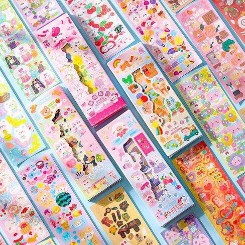 50Sheets Korean Deco Stickers Set, Kpop Potocard Korean Stickers with Cute Rabbit Bear Cat Dessert Flower Ribbon Animal, DIY Colorful Glitter Self Adhesive Deco Stickers for Scrapbook Card (Bear) in Saudi Arabia