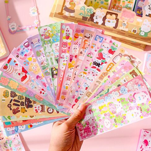 50Sheets Korean Deco Stickers Set, Kpop Potocard Korean Stickers with Cute Rabbit Bear Cat Dessert Flower Ribbon Animal, DIY Colorful Glitter Self Adhesive Deco Stickers for Scrapbook Card (Bear) in Saudi Arabia