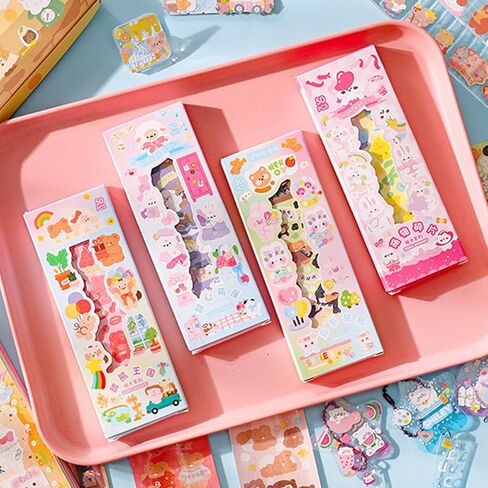 50Sheets Korean Deco Stickers Set, Kpop Potocard Korean Stickers with Cute Rabbit Bear Cat Dessert Flower Ribbon Animal, DIY Colorful Glitter Self Adhesive Deco Stickers for Scrapbook Card (Bear) in Saudi Arabia