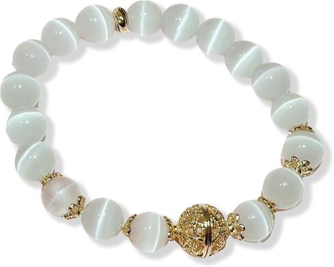White Cat's Eye Opal Bracelet with Fortune Orb - 8 mm Round Crystal Beads - Stretch to Fit Bracelet - Handcrafted for Men and Women for Protection, Clarity, and Balance in Saudi Arabia