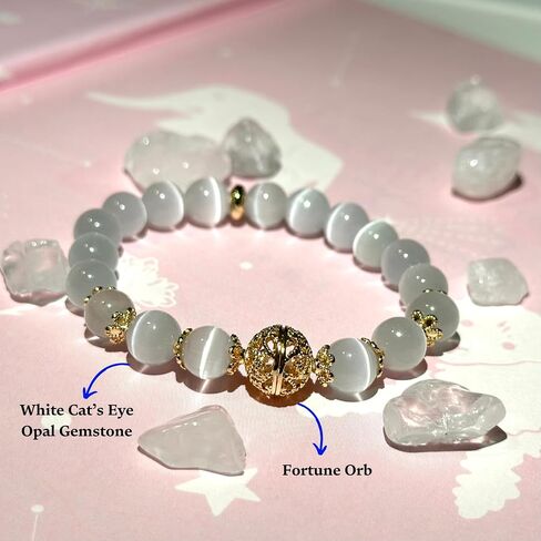 White Cat's Eye Opal Bracelet with Fortune Orb - 8 mm Round Crystal Beads - Stretch to Fit Bracelet - Handcrafted for Men and Women for Protection, Clarity, and Balance in Saudi Arabia