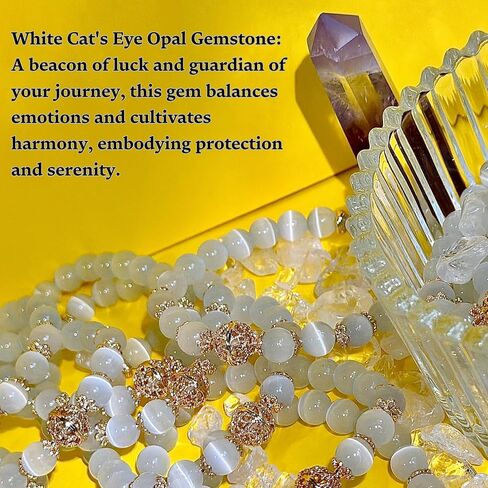 White Cat's Eye Opal Bracelet with Fortune Orb - 8 mm Round Crystal Beads - Stretch to Fit Bracelet - Handcrafted for Men and Women for Protection, Clarity, and Balance in Saudi Arabia