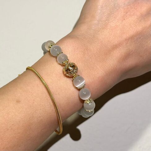 White Cat's Eye Opal Bracelet with Fortune Orb - 8 mm Round Crystal Beads - Stretch to Fit Bracelet - Handcrafted for Men and Women for Protection, Clarity, and Balance in Saudi Arabia