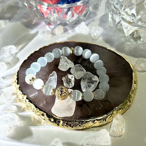 White Cat's Eye Opal Bracelet with Fortune Orb - 8 mm Round Crystal Beads - Stretch to Fit Bracelet - Handcrafted for Men and Women for Protection, Clarity, and Balance in Saudi Arabia