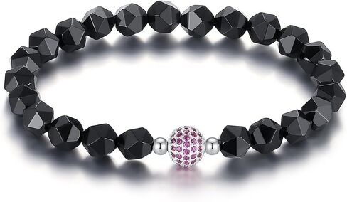 Handmade Original Healing Crystal 8MM Faceted Gemstone Stretch Bracelet with 18K Platinum Beads and Micro Pave CZ Ruby Ball for Women (Black Agate) in Saudi Arabia