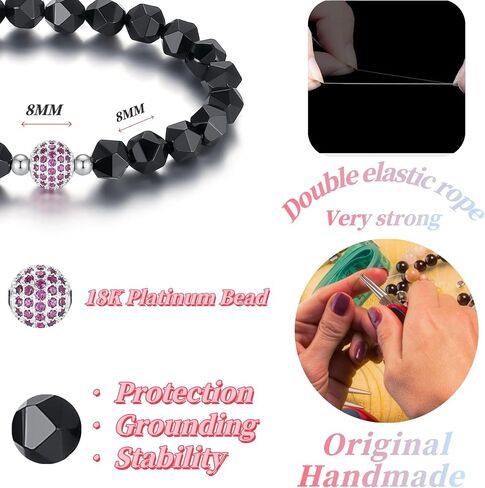 Handmade Original Healing Crystal 8MM Faceted Gemstone Stretch Bracelet with 18K Platinum Beads and Micro Pave CZ Ruby Ball for Women (Black Agate) in Saudi Arabia