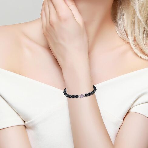 Handmade Original Healing Crystal 8MM Faceted Gemstone Stretch Bracelet with 18K Platinum Beads and Micro Pave CZ Ruby Ball for Women (Black Agate) in Saudi Arabia