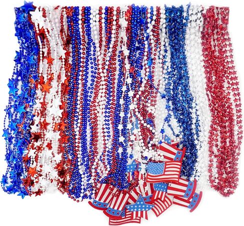 4E's Novelty Patriotic Beads Necklaces Assortment Bulk 72 Pack Bulk - 4th of July Party Favors for Kids & Adults, Red White Blue Beads for Fourth of July Party Supplies Parade Accessories in Saudi Arabia