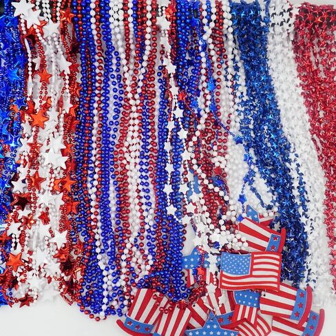 4E's Novelty Patriotic Beads Necklaces Assortment Bulk 72 Pack Bulk - 4th of July Party Favors for Kids & Adults, Red White Blue Beads for Fourth of July Party Supplies Parade Accessories in Saudi Arabia