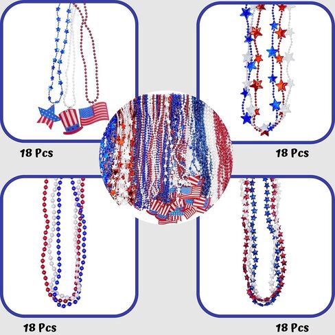 4E's Novelty Patriotic Beads Necklaces Assortment Bulk 72 Pack Bulk - 4th of July Party Favors for Kids & Adults, Red White Blue Beads for Fourth of July Party Supplies Parade Accessories in Saudi Arabia