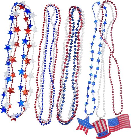 4E's Novelty Patriotic Beads Necklaces Assortment Bulk 72 Pack Bulk - 4th of July Party Favors for Kids & Adults, Red White Blue Beads for Fourth of July Party Supplies Parade Accessories in Saudi Arabia