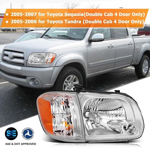 مجموعة المصابيح الأمامية لتويوتا سيكويا 2005-2007 لتويوتا تندرا 2005-2006 غطاء أسود كهرماني عاكس عدسة واضحة للسائق ومصابيح أمامية جانبية للركاب (كابينة مزدوجة 4 أبواب فقط) in Kuwait