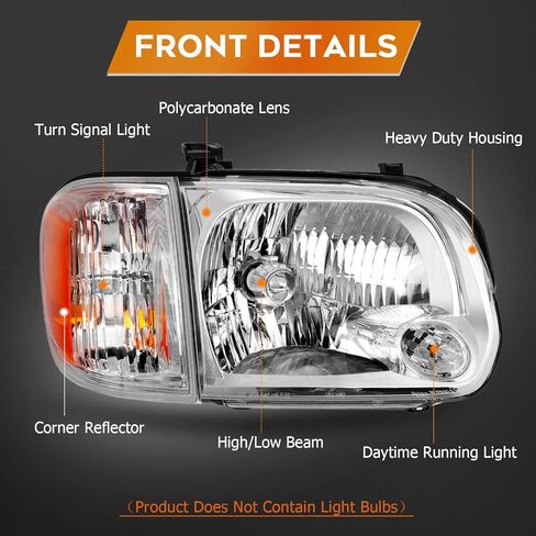 مجموعة المصابيح الأمامية لتويوتا سيكويا 2005-2007 لتويوتا تندرا 2005-2006 غطاء أسود كهرماني عاكس عدسة واضحة للسائق ومصابيح أمامية جانبية للركاب (كابينة مزدوجة 4 أبواب فقط) in Kuwait