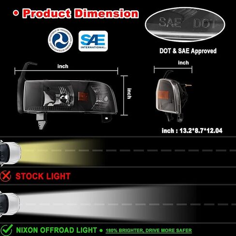 Nixon Offroad Projector Headlights for 1994-2001 Dodge Ram 1500/94-02 Dodge Ram 2500 3500/1995-2002 Dodge Ram 4000 (All w/o Sport Package) High Low Beam Head Lights Assembly Clear Lens in Kuwait