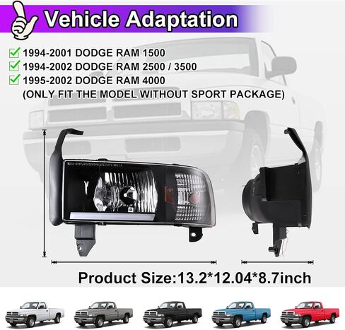 Nixon Offroad Projector Headlights for 1994-2001 Dodge Ram 1500/94-02 Dodge Ram 2500 3500/1995-2002 Dodge Ram 4000 (All w/o Sport Package) High Low Beam Head Lights Assembly Clear Lens in Kuwait