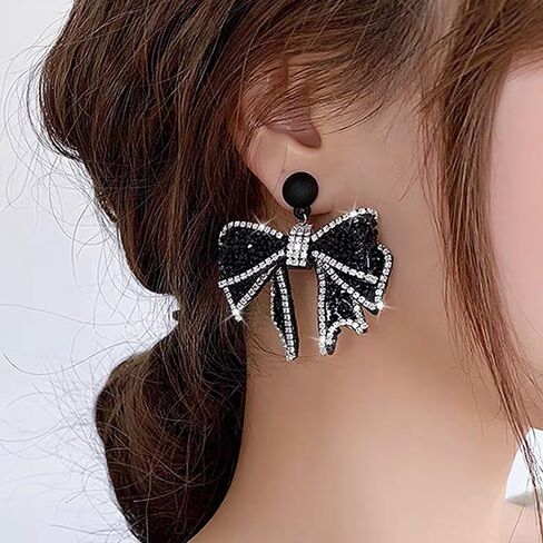 Silver Bow Earrings Ribbon Earring Sparkly Rhinestone Bow Earrings for Women Party Prom Jewelry for Girls in Saudi Arabia