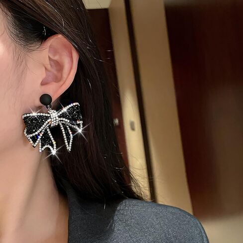 Silver Bow Earrings Ribbon Earring Sparkly Rhinestone Bow Earrings for Women Party Prom Jewelry for Girls in Saudi Arabia