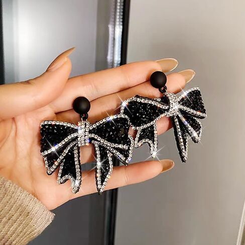 Silver Bow Earrings Ribbon Earring Sparkly Rhinestone Bow Earrings for Women Party Prom Jewelry for Girls in Saudi Arabia