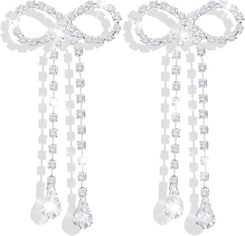 Silver Bow Earrings Ribbon Earring Sparkly Rhinestone Bow Earrings for Women Party Prom Jewelry for Girls in Saudi Arabia