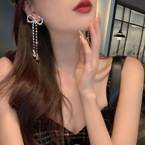 Silver Bow Earrings Ribbon Earring Sparkly Rhinestone Bow Earrings for Women Party Prom Jewelry for Girls in Saudi Arabia
