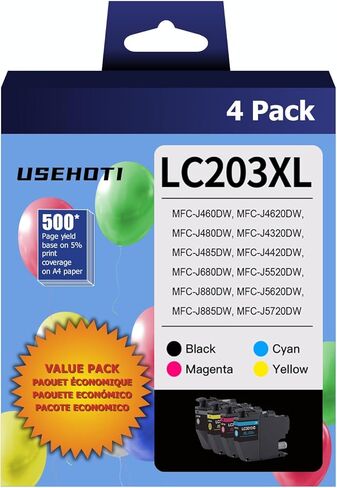 LC203XL LC201 متوافق مع خراطيش حبر Brother LC203 عالية الإنتاجية تعمل مع طابعة Brother MFC-J480DW MFC-J880DW MFC-J4420DW MFC-J680DW (أسود سماوي أرجواني أصفر، حزمة 4XL) in Kuwait